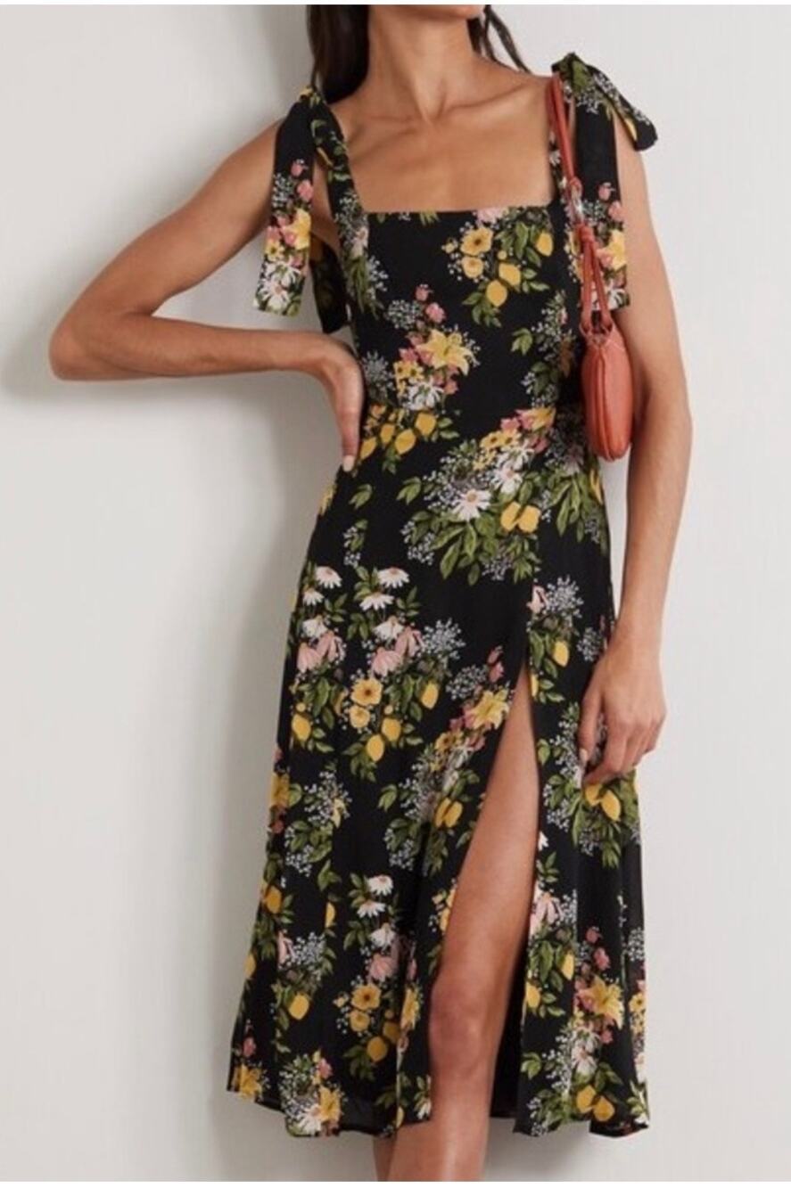 Reformation Twilight Midi Dress in Sicilia size 10 Lemon Floral Floral Tie Strap